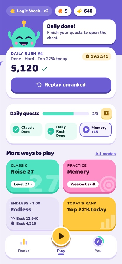 The Sharpday app home screen with today's Daily and quests